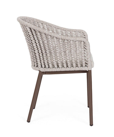 Sedia "Salines" struttura in alluminio, con braccioli, intreccio in corda, per interni ed esterni