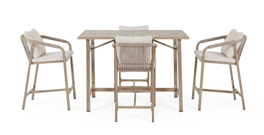 Set salotto "Kalimera" tavolo da bar + 4 sgabelli, per arredo giardino
