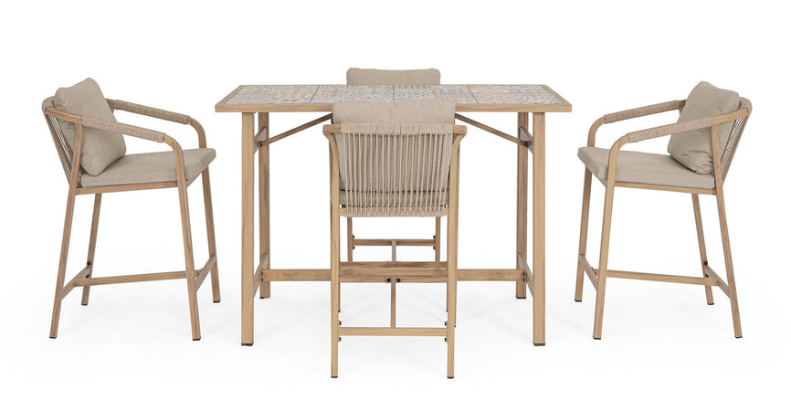 Set salotto "Kalimera" tavolo da bar + 4 sgabelli, per arredo giardino