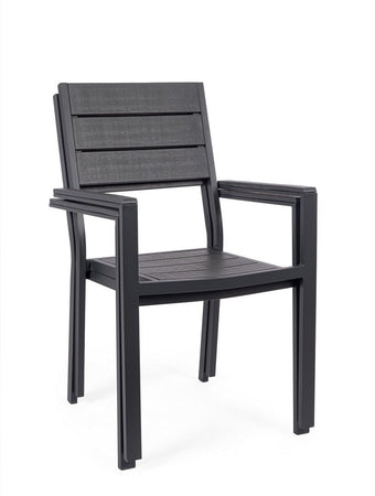 Sedia "Sarita" struttura in acciaio effetto legno venato, con braccioli, per interni ed esterni