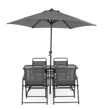 Set tavolo "Pompei" con sedie e ombrellone, in alluminio verniciato antracite, per esterno