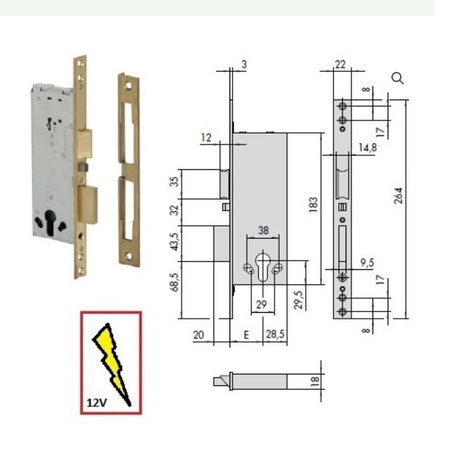 CISA - 12016-60 ELETTROSERRATURA DA INFILARE A CILINDRO ENTRATA mm.60 per porte legno - scrocco reversibile elettrificato e catenaccio con ritorno automatico - tensione 12V ca CE - 2 mandate