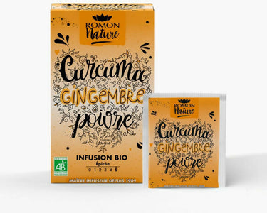 Infusion curcuma gingembre poivre bio - 16 bustine - il potere e la freschezza dello zenzero associati al sapore piccante della curcuma nel nostro infuso biologico di curcuma, zenzero e pepe!