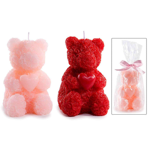 Candela orsetto colorato con cuore e superficie a rose 10,5 cm