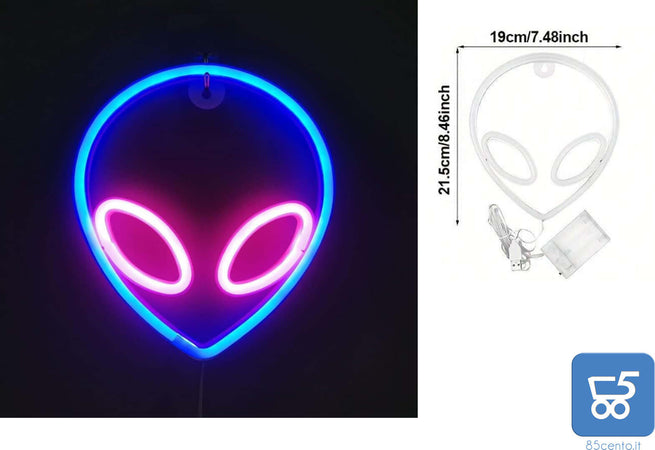 Insegna LED Neon Decorativa ALIENO da Parete Alimentato USB o a Batteria per Negozi Locali Pub