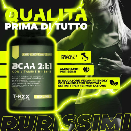 Integratore-Alimentare-Di-Aminoacidi-Ramificati-T-rex-Integratori-Bcaa-2:1:1-Con-Vitamina-B1,-B6-Ed-E-|-Boost-Energia-E-Recupero-Per-Sportivi-|-150-Compresse