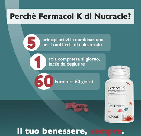 Integratore Colesterolo Nutracle Fermacol K 60 Compresse 600 Mg - Integratore Con Riso Rosso Fermentato (monacolina K), Acido Folico, Coenzima Q10, Policosanoli Salute e cura della persona/Vitamine minerali e integratori/Integratori di sostanze e preparati vegetali/Lievito di riso rosso MyLab Nutrition - Roma, Commerciovirtuoso.it