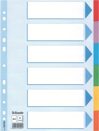 Intercalare cartoncino - 6 tasti colorati - A4- Esselte Cancelleria e prodotti per ufficio/Archivio ufficio e accessori per scrivania/Archivio ufficio/Cartelle sospese e accessori/Indici per cartelle sospese Eurocartuccia - Pavullo, Commerciovirtuoso.it