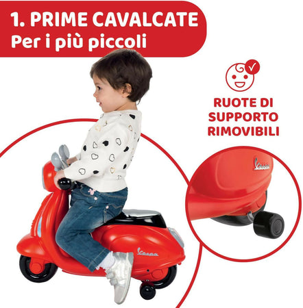CHICCO Vespa - modello Bambini Primavera colore ROSSO, Moto Giocattolo Cavalcabile con Pannello Elettronico, Luci e Suoni, Ruote di Supporto Rimuovibili, Max 25 Kg - Giochi per Bambini 1-3 Anni