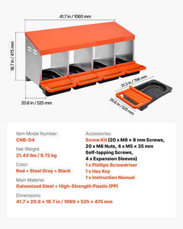 Nido per Polli VEVOR 1060x525x475mm, 4 Scomparti, Acciaio Zincato, con Piattaforma e Nidi Inclinati per Diverse Razze