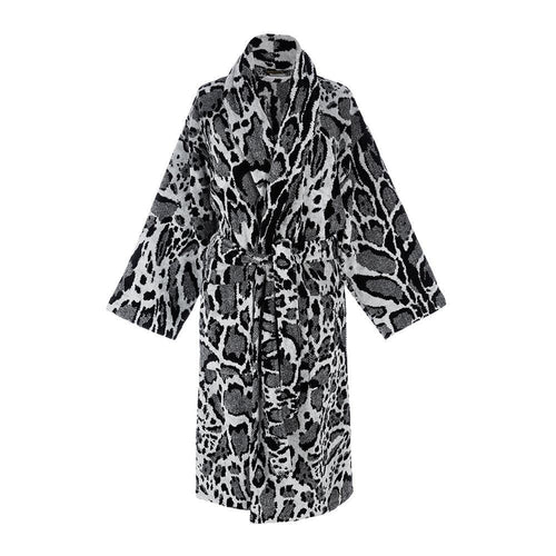 Accappatoio Roberto Cavalli Linx taglia XXL nero, in spugna di cotone, con cappuccio, cintura e tasche, fantasia animalier, morbido e Made in Italy.