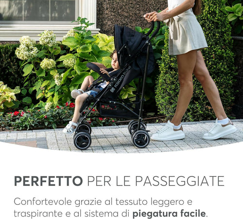KIKKABOO Passeggino BEETLE - Passeggino da viaggio omologato fino a 22 kg - Pieghevole, Leggero, Compatto, colore NERO - telaio in alluminio, Chiusura Compatta, Schienale Reclinabile e Regolabile, Poggiagambe
