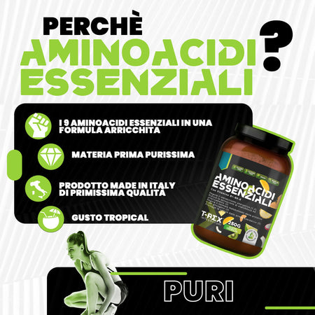 Eaa aminoacidi essenziali con mix di vitamine b1, b6 ed e - integratore di amminoacidi naturali vegan ottenuti da fermentazione t-rex integratori (polvere, tropical)