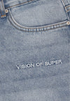 VISION OF SUPER Jeans Corto Uomo Embroidered White Logo Shorts Blue Denim da uomo