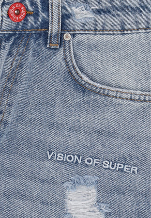 VISION OF SUPER Jeans Uomo Embroidered White Logo Denim Destroied Blue Denim da uomo