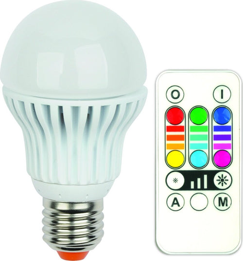 Jedi---LED-A60-E27,-lampadina-LED-sistema-RGB-con-telecomando,-misure:-6-x-6-x-11-cm