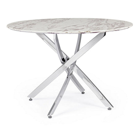 Tavolo John Marble tondo con gambe in acciaio, struttura cromata, piano in legno ricoperto con carta effetto marmo