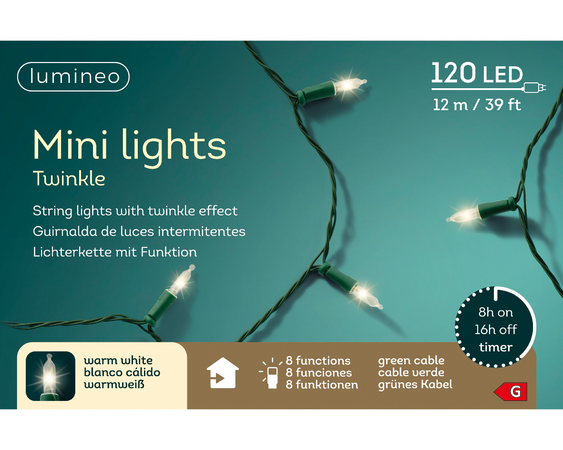 Catena luminosa MiniLED, con 8 funzioni, effetto scintillio, per interno