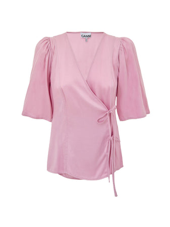 GANNI Top in Satin Rosa con Allacciatura ad Incrocio Ganni da donna