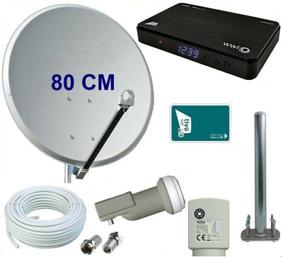 Kit satellitare da 80 CM per ricezione canali Tivùsat con decoder WWIO UNICO ed LNB Single con Sat Finder e Bussola integrati