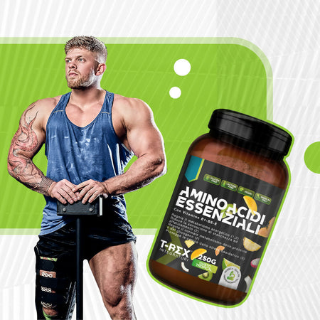 Eaa aminoacidi essenziali con mix di vitamine b1, b6 ed e - integratore di amminoacidi naturali vegan ottenuti da fermentazione t-rex integratori (polvere, tropical)