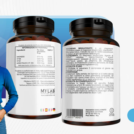 T-Rex Integratori Magnesio Bisglicinato 375mg con Vitamina B6, B1 e Acido Folico - 90 compresse - Sistema nervoso, Energia, Muscoli e Ossa