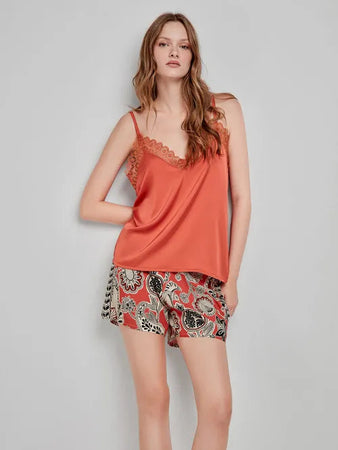 Pigiama Satinato Donna Gisela 2/20258TB con Pizzo e Stampa