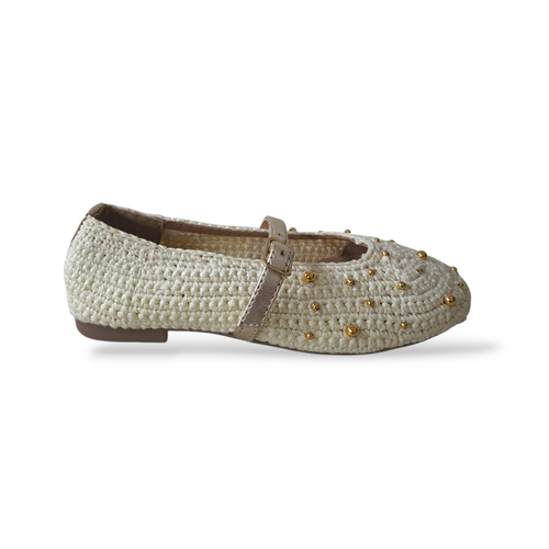 Ballerine Bambina Gioseppo Rubicon | Cotone Uncinetto Beige Platino Fibbia Borchie Originali