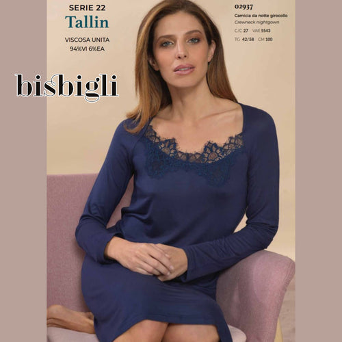 Camicia da notte donna Bisbigli girocollo, manica lunga, tessuto in viscosa morbida, variante blu