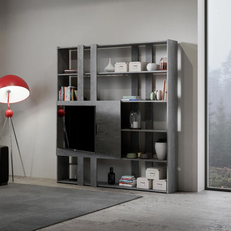 Libreria "Milano" porta TV a parete, in legno, con ripiani, per arredamento camere ed interni