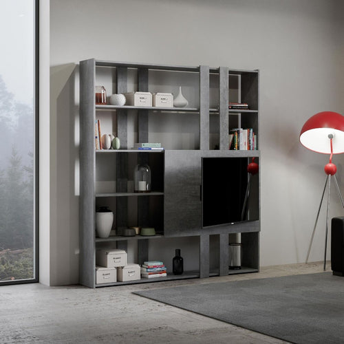 Libreria Milano porta TV a parete, in legno, con ripiani, per arredamento camere ed interni