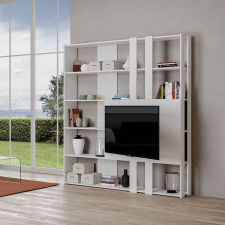 Libreria "Milano" porta TV a parete, in legno, con ripiani, per arredamento camere ed interni