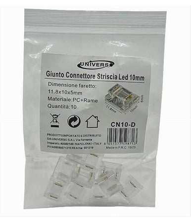 Kit 10pz Connettore Trasparente Lineare Striscia Led Monocolore 2pin 10mm Cn10-d
