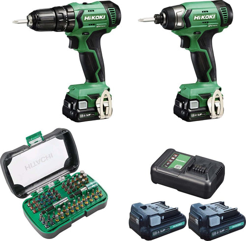 Kit 12V Brushless con Trapano avvitatore, Trapano ad impulsi, Set di 60 inserti, batterie e caricabatterie Hikoki