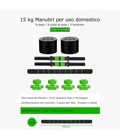 Kit 2in1 Bilanciere + Manubri Con Pesi Regolabili Componibili Palestra Tot 15 Kg