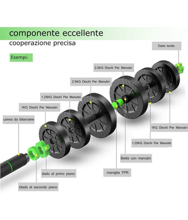 Kit 2in1 Bilanciere + Manubri Con Pesi Regolabili Componibili Palestra Tot 15 Kg