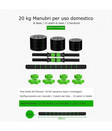 Kit 2in1 Bilanciere + Manubri Con Pesi Regolabili Componibili Palestra Tot 20kg