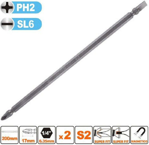 Kit 2pz Di Bits Da 200mm Punte Doppie Inserti Ph2 + Sl6 Punta S2 Magnetica 57246 Fai da te/Utensili elettrici e a mano/Accessori per utensili elettrici/Accessori per cacciavite/Set punte per cacciavite Trade Shop italia - Napoli, Commerciovirtuoso.it
