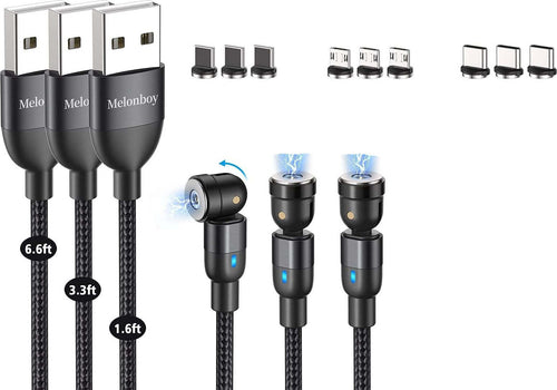 Kit 3 Cavi Magnetici USB 0.5m 1m 2m - 3 in 1 Rotante di 360°+180° Rivestimento Nylon adattatori Micro USB/Tipo C/i-P Nero