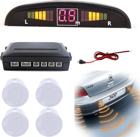 Kit-4-Sensori-Di-Parcheggio-Auto-Suv-Display-Led-Cicalino-Suono-Bianchi