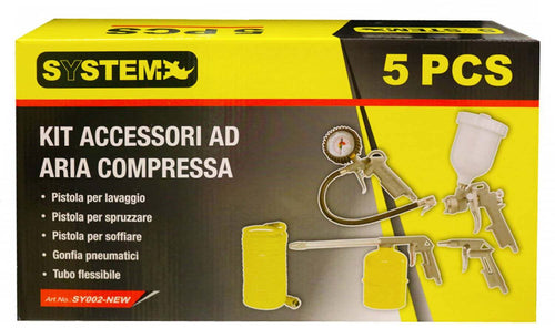 Kit 5 Accessori per Compressore SYSTEM+ 1 Pistola Da Gonfiaggio +1 Pistola Soffiaggio +1 Tubo A Spirale 5mt +1 Aerografo +1 Pistola Lavaggio/nebulizzatore Con Serbatoio Da 1 Lt