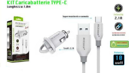 Kit Caricabatteria Auto 5v-2.1a Cavo Type-c Usb 1mt Ricarica 10w Maxtech Ma-tc02 Elettronica e telefonia > Telefonia Fissa e Mobile > Caricabatterie Auto Trade Shop italia - Napoli, Commerciovirtuoso.it