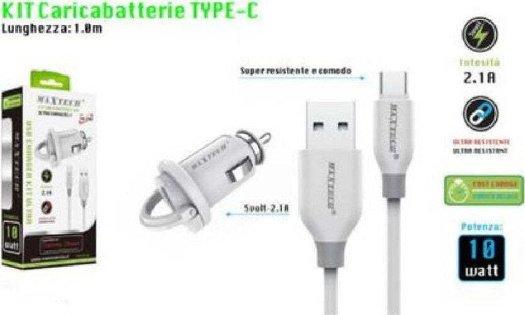 Kit-Caricabatteria-Auto-5v-2.1a-Cavo-Type-c-Usb-1mt-Ricarica-10w-Maxtech-Ma-tc02