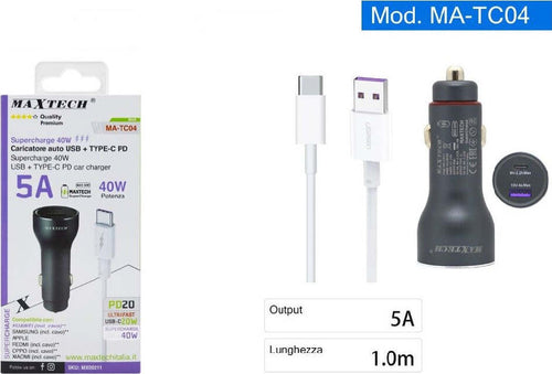 Kit Caricabatterie Auto Type-c/usb Ricarica Rapida 40w 5a Cavo Dati 1 Mt Ma-tc04 Elettronica e telefonia > Telefonia Fissa e Mobile > Caricabatterie Auto Trade Shop italia - Napoli, Commerciovirtuoso.it