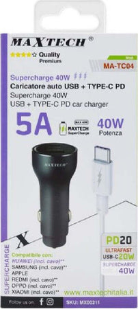 Kit Caricabatterie Auto Type-c/usb Ricarica Rapida 40w 5a Cavo Dati 1 Mt Ma-tc04 Elettronica e telefonia > Telefonia Fissa e Mobile > Caricabatterie Auto Trade Shop italia - Napoli, Commerciovirtuoso.it