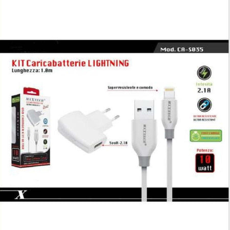 Kit Caricabatterie + Cavo Usb Connettore Lightning 10w 2.1a 1mt Maxtech Ca-s035 Caricabatteria Trade Shop italia - Napoli, Commerciovirtuoso.it