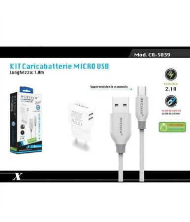 Kit Caricabatterie Da Muro 2 Porte Usb 2.1a + Cavo Micro Usb 1mt Maxtech Ca-s039