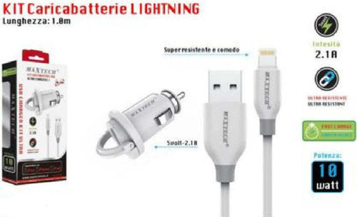 Kit Caricabatterie Lightning 1mt Ricarica Auto Cavo Dati 10 Watt Maxtech Ma-ip03 Elettronica e telefonia > Telefonia Fissa e Mobile > Caricabatterie Auto Trade Shop italia - Napoli, Commerciovirtuoso.it