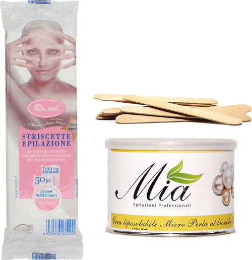 Kit Ceretta Fai da Te Set Depilazione Professionale: 1 Mia 400ml Cera Liposolubile Micro Perle Gialla + 1 RO.IAL Strisce Epilazione 7x20 cm 50pz + 5 Spatolina Stendi Cera in Legno cura del corpo Profumeria Chèri - Locri, Commerciovirtuoso.it