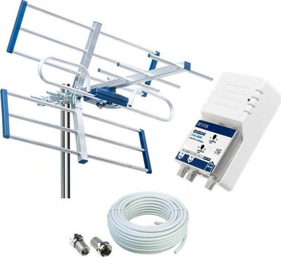 Kit-completo-Digitale-Terrestre-con-Antenna-Yagi-8dB-e-Amplificatore-Antenna-TV-di-linea-da-interno-24dB-Ingresso-/-2-Uscite